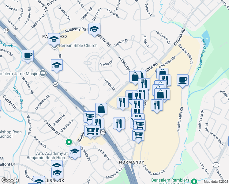 map of restaurants, bars, coffee shops, grocery stores, and more near 12501 Biscayne Drive in Philadelphia