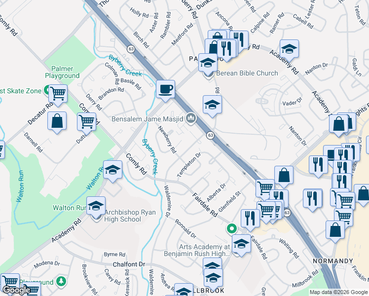 map of restaurants, bars, coffee shops, grocery stores, and more near 12023 Salina Place in Philadelphia