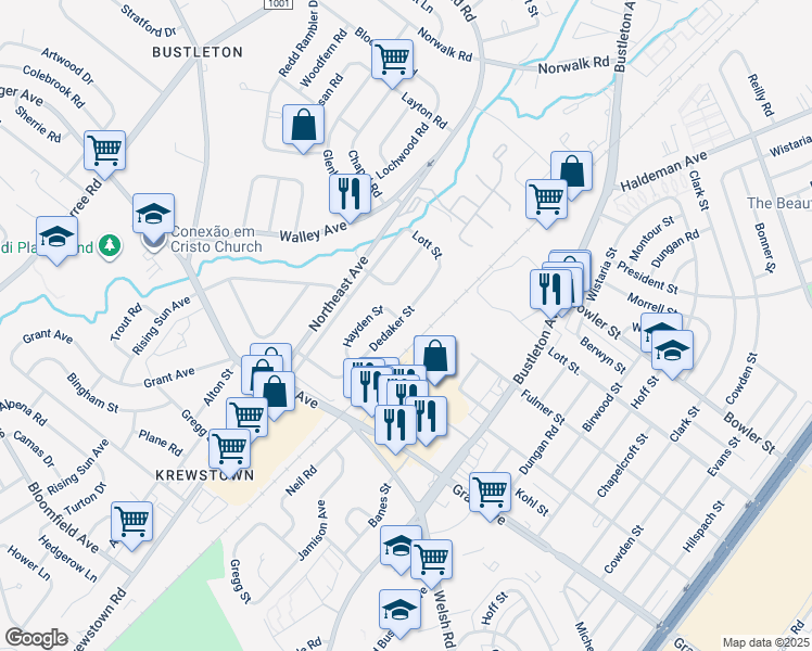 map of restaurants, bars, coffee shops, grocery stores, and more near 9700 Dedaker Street in Philadelphia