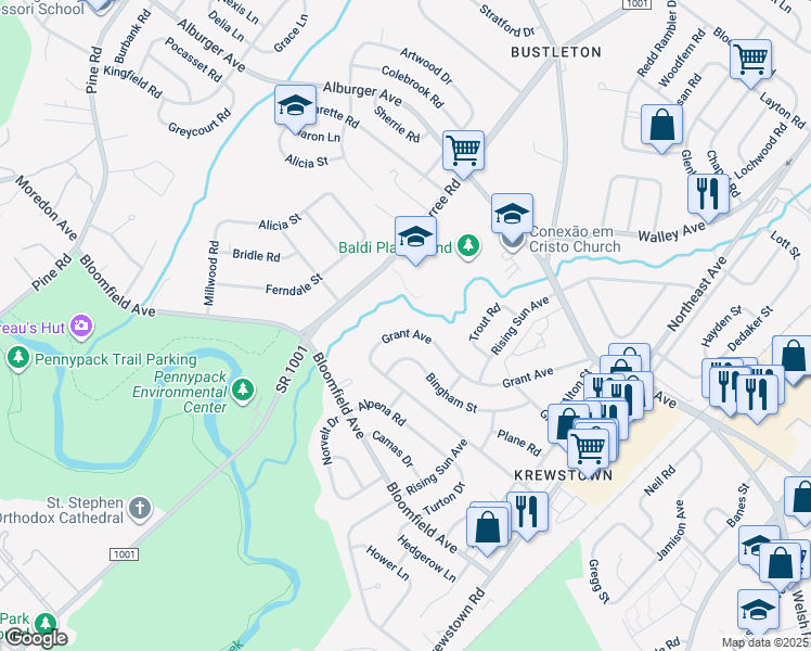 map of restaurants, bars, coffee shops, grocery stores, and more near 1025 Grant Avenue in Philadelphia