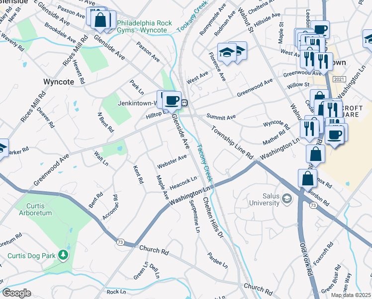 map of restaurants, bars, coffee shops, grocery stores, and more near 218 Glenside Avenue in Wyncote
