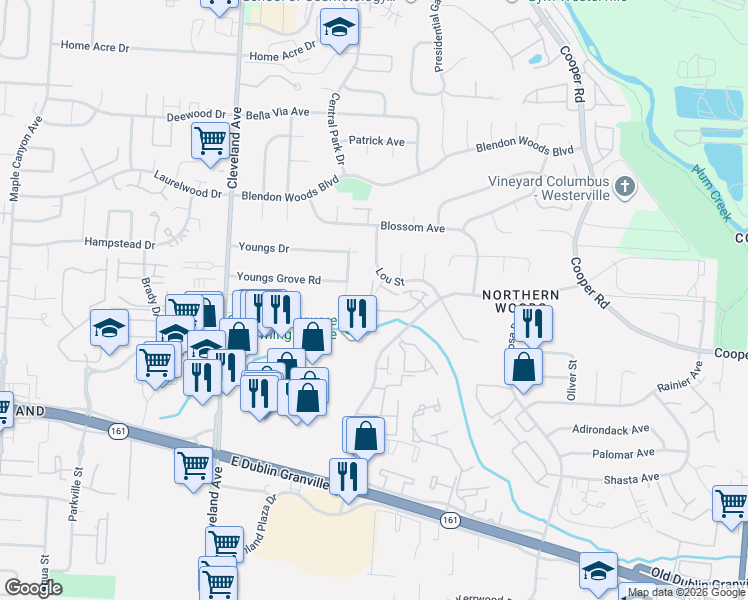 map of restaurants, bars, coffee shops, grocery stores, and more near 3172 Vista View Boulevard in Columbus
