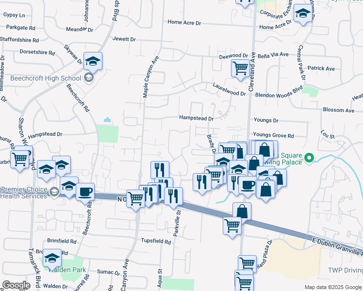 map of restaurants, bars, coffee shops, grocery stores, and more near 5991 Spring Run Drive in Columbus
