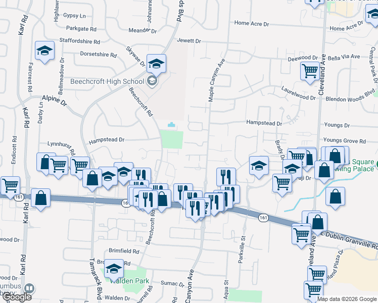 map of restaurants, bars, coffee shops, grocery stores, and more near 2025 Maple Bend in Columbus