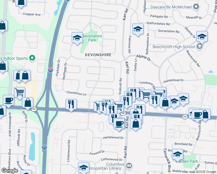 map of restaurants, bars, coffee shops, grocery stores, and more near 1431 Burnley Square South in Columbus