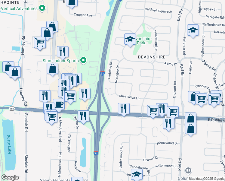 map of restaurants, bars, coffee shops, grocery stores, and more near 1174 Sanborn Place in Columbus