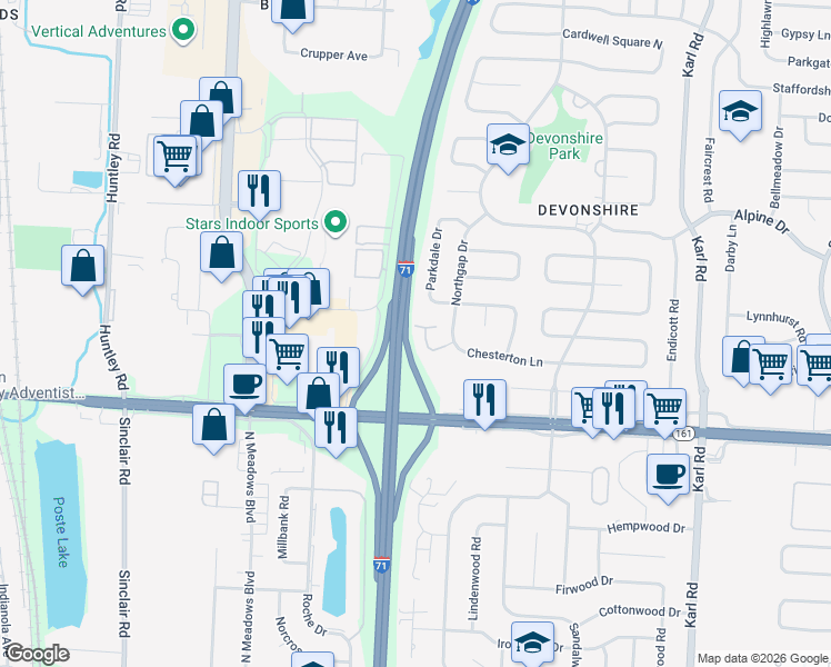 map of restaurants, bars, coffee shops, grocery stores, and more near 1174 Sanborn Place in Columbus