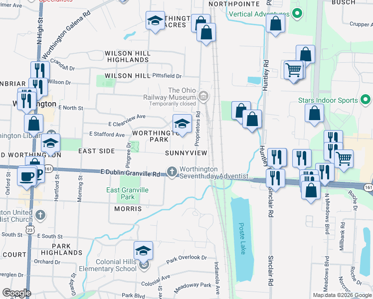 map of restaurants, bars, coffee shops, grocery stores, and more near 851 Griswold Street in Worthington