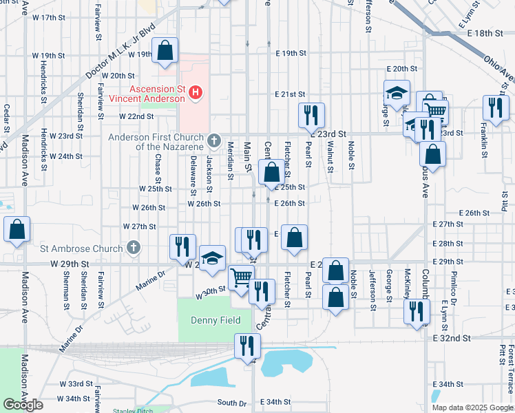 map of restaurants, bars, coffee shops, grocery stores, and more near 2515 Central Avenue in Anderson