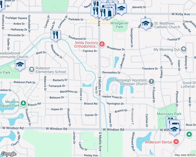 map of restaurants, bars, coffee shops, grocery stores, and more near 2005 South Mattis Avenue in Champaign