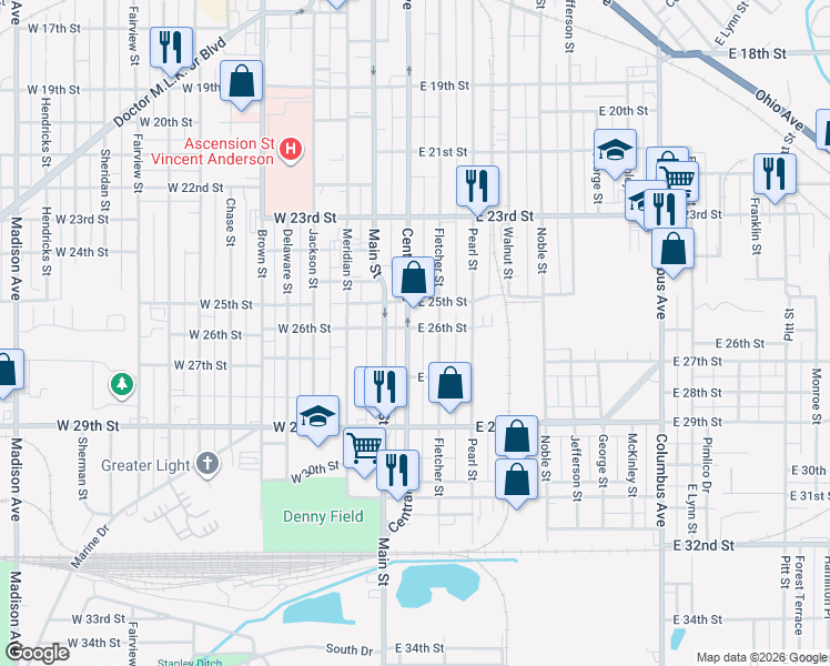 map of restaurants, bars, coffee shops, grocery stores, and more near 2515 Central Avenue in Anderson