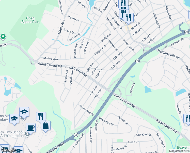 map of restaurants, bars, coffee shops, grocery stores, and more near 405 18th Avenue in Brick Township
