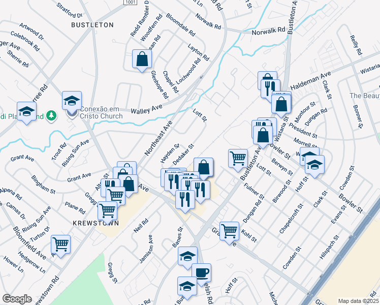 map of restaurants, bars, coffee shops, grocery stores, and more near 9700 Dedaker Street in Philadelphia