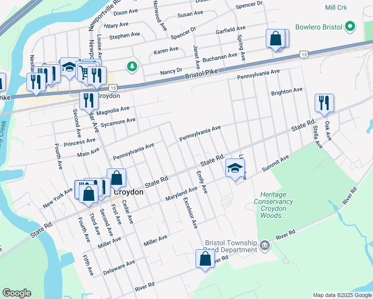 map of restaurants, bars, coffee shops, grocery stores, and more near 706 Emily Avenue in Croydon