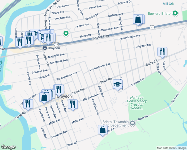 map of restaurants, bars, coffee shops, grocery stores, and more near 706 Emily Avenue in Croydon