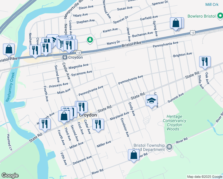 map of restaurants, bars, coffee shops, grocery stores, and more near 1306 Pennsylvania Avenue in Croydon