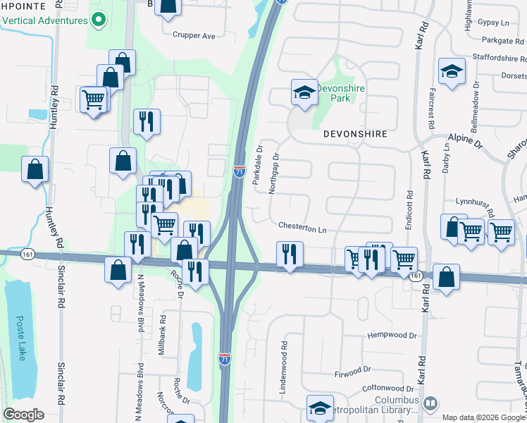 map of restaurants, bars, coffee shops, grocery stores, and more near 1174 Sanborn Place in Columbus