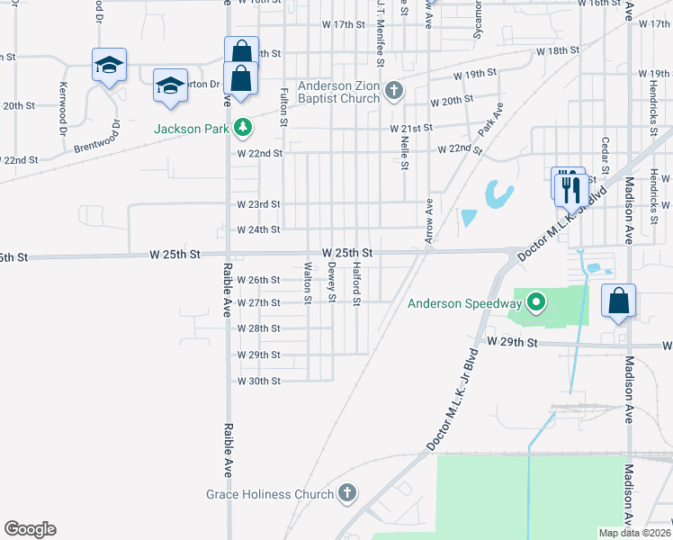 map of restaurants, bars, coffee shops, grocery stores, and more near 2508 Dewey Street in Anderson