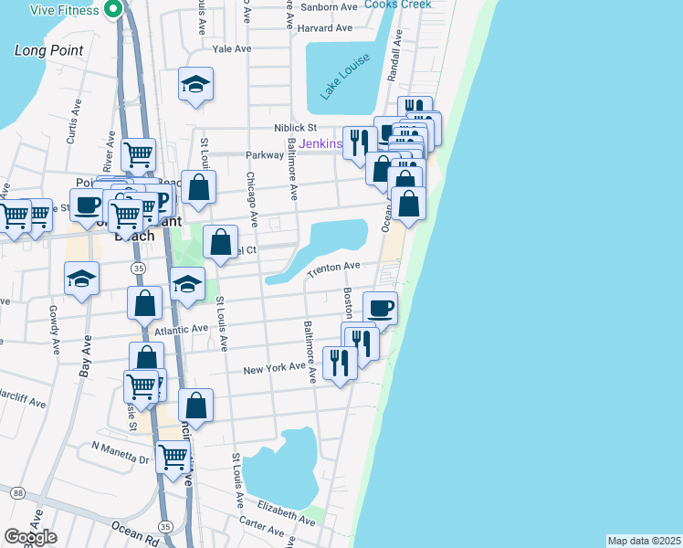 map of restaurants, bars, coffee shops, grocery stores, and more near 100 Trenton Avenue in Point Pleasant Beach