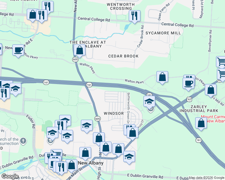 map of restaurants, bars, coffee shops, grocery stores, and more near 8214 Butterworth Green Drive in New Albany