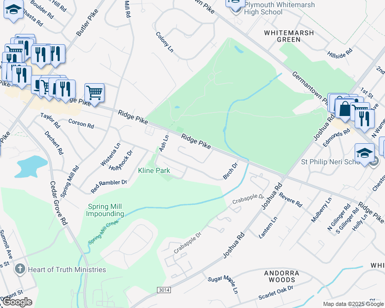 map of restaurants, bars, coffee shops, grocery stores, and more near 250 Ridge Pike in Lafayette Hill