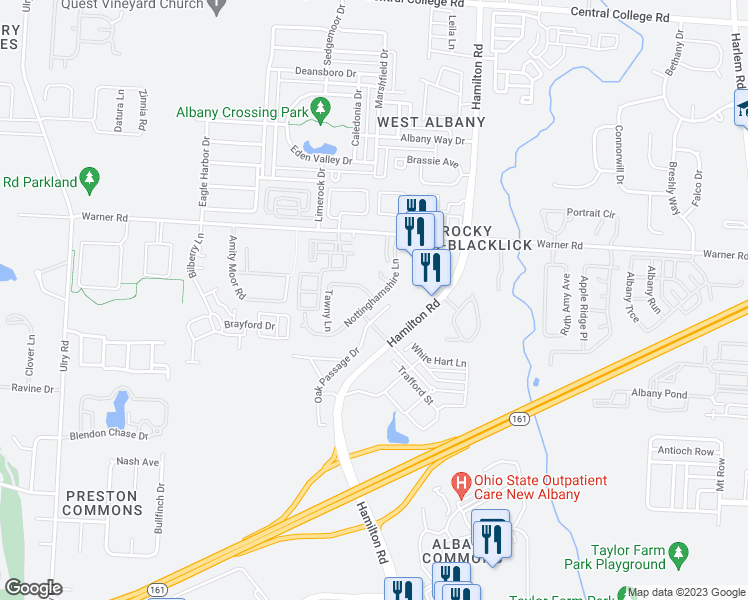 map of restaurants, bars, coffee shops, grocery stores, and more near 5518 Nottinghamshire Lane in Westerville