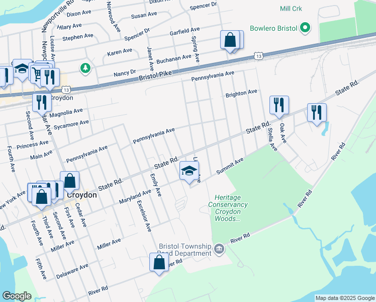 map of restaurants, bars, coffee shops, grocery stores, and more near 1809 State Road in Croydon