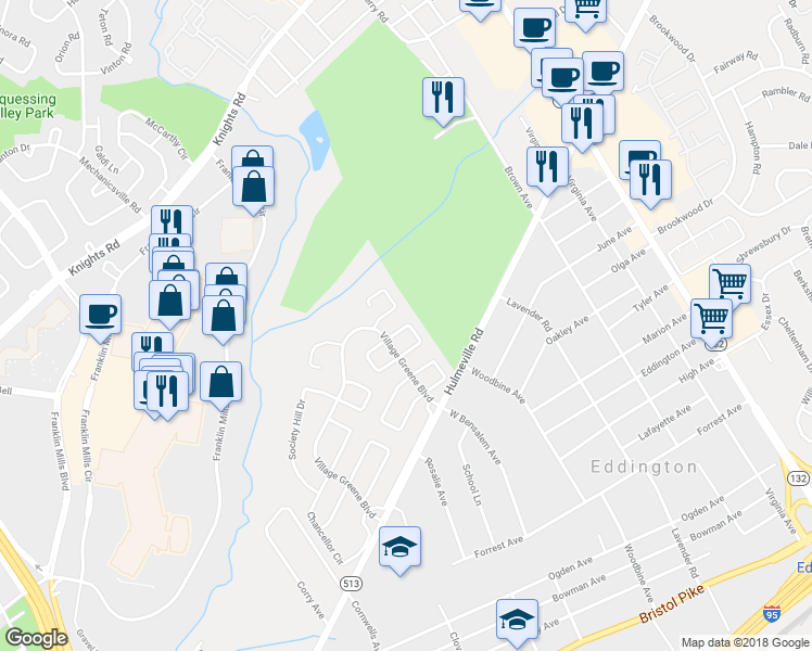 map of restaurants, bars, coffee shops, grocery stores, and more near 2564 Headhouse Square North in Bensalem