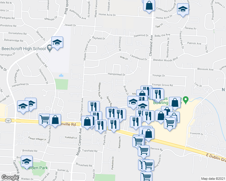 map of restaurants, bars, coffee shops, grocery stores, and more near 5914 Spring Run Drive in Columbus
