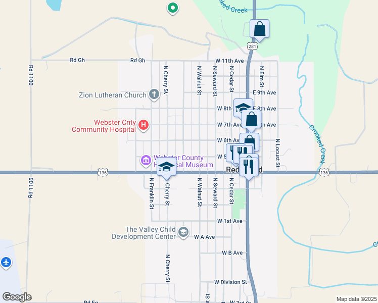 map of restaurants, bars, coffee shops, grocery stores, and more near 499 West 5th Avenue in Red Cloud