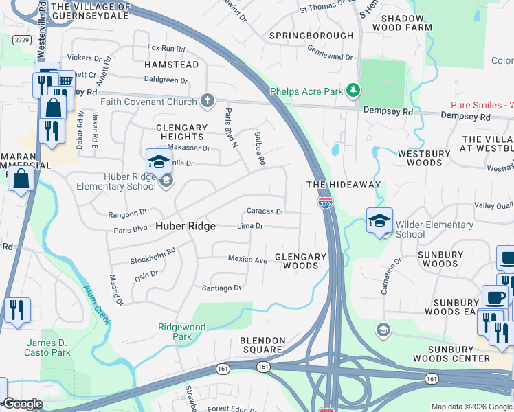 map of restaurants, bars, coffee shops, grocery stores, and more near 3703 Panama Drive in Westerville