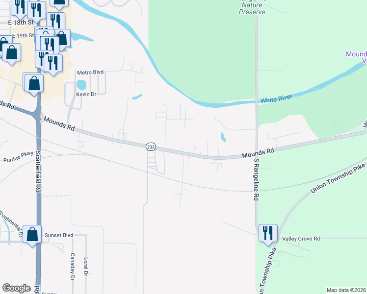 map of restaurants, bars, coffee shops, grocery stores, and more near 3004 Mounds Road in Anderson