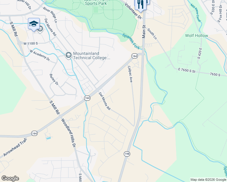 map of restaurants, bars, coffee shops, grocery stores, and more near 242 West Hillcrest Drive in Spanish Fork