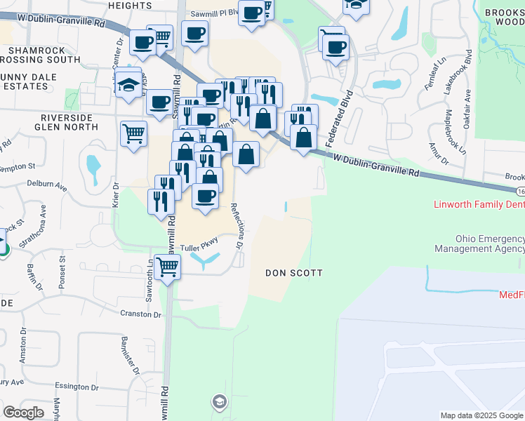 map of restaurants, bars, coffee shops, grocery stores, and more near 2550 Farrel Drive in Columbus