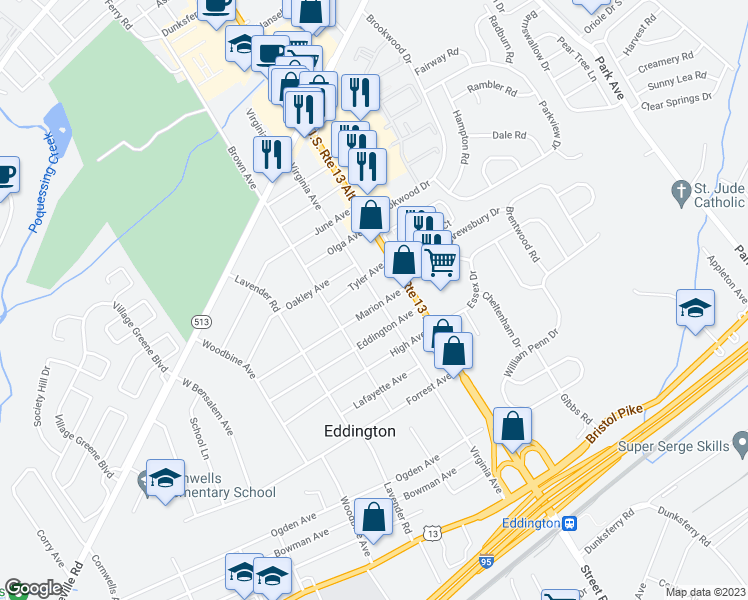 map of restaurants, bars, coffee shops, grocery stores, and more near 2908 Marion Avenue in Bensalem