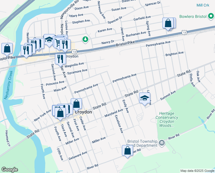map of restaurants, bars, coffee shops, grocery stores, and more near 1306 Pennsylvania Avenue in Croydon