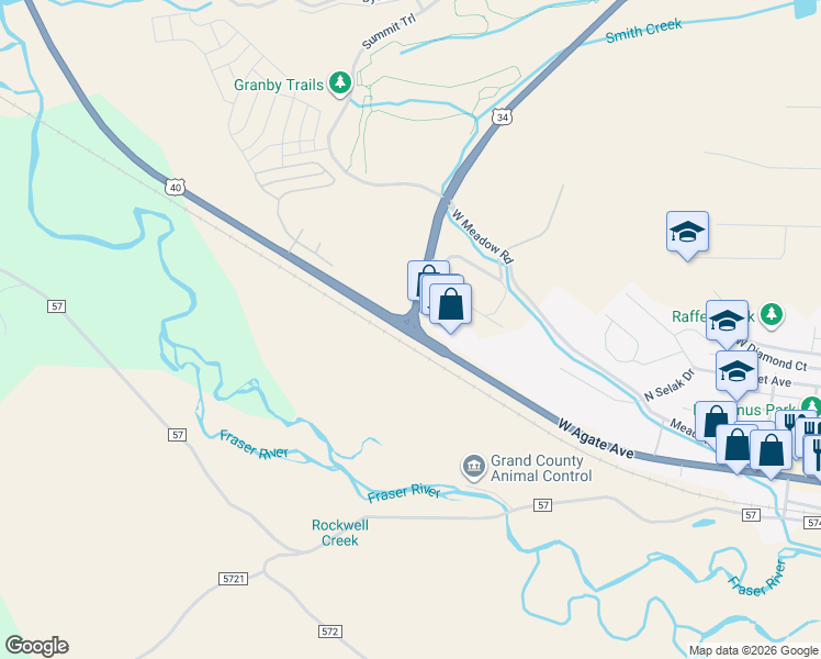 map of restaurants, bars, coffee shops, grocery stores, and more near U.S. Route 34 in Granby