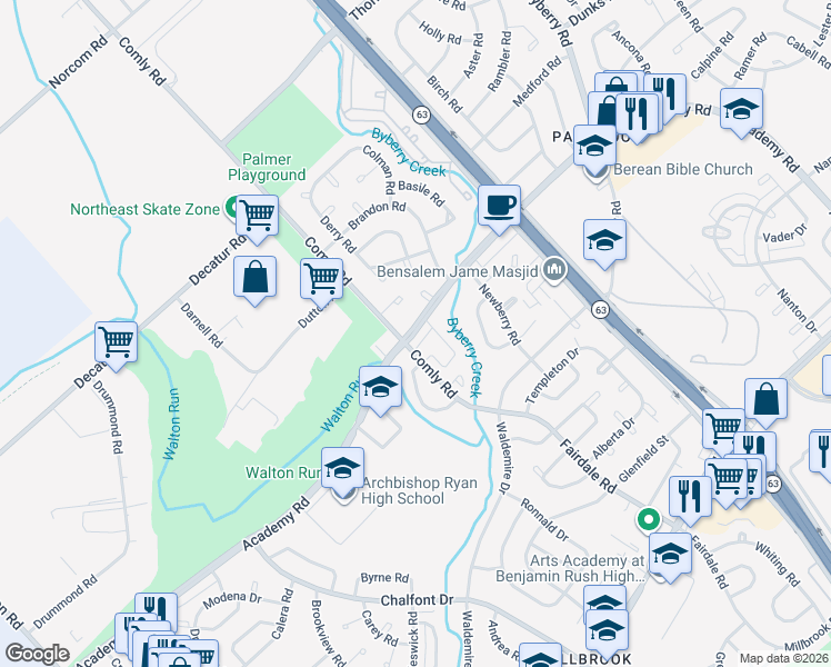 map of restaurants, bars, coffee shops, grocery stores, and more near 11849B Academy Road in Philadelphia