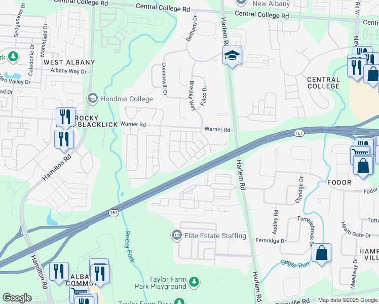 map of restaurants, bars, coffee shops, grocery stores, and more near 5818 Warner Meadows Drive in Westerville