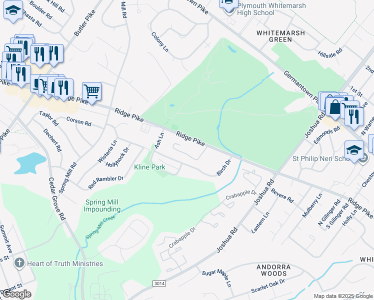 map of restaurants, bars, coffee shops, grocery stores, and more near 250 Ridge Pike in Lafayette Hill