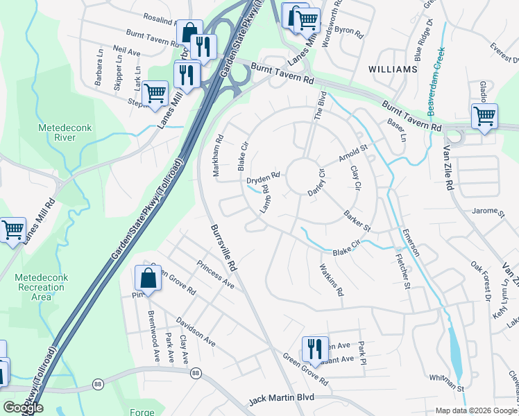 map of restaurants, bars, coffee shops, grocery stores, and more near 16 Lamb Road in Brick Township