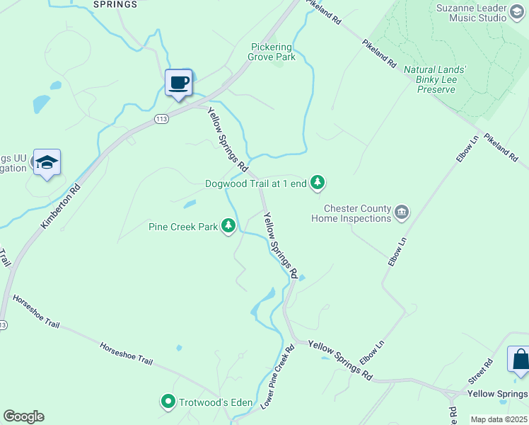 map of restaurants, bars, coffee shops, grocery stores, and more near 1488 Yellow Springs Road in Chester Springs