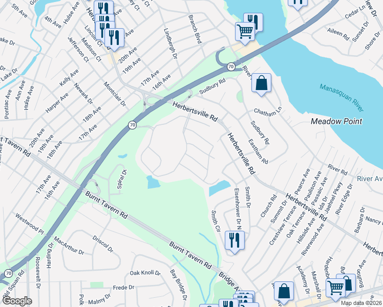 map of restaurants, bars, coffee shops, grocery stores, and more near 12 Honeysuckle Court in Brick Township