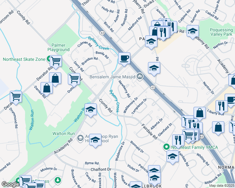map of restaurants, bars, coffee shops, grocery stores, and more near 3640 Salina Road in Philadelphia