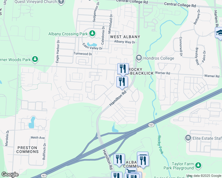map of restaurants, bars, coffee shops, grocery stores, and more near 6163 Kirklington Circle in Westerville