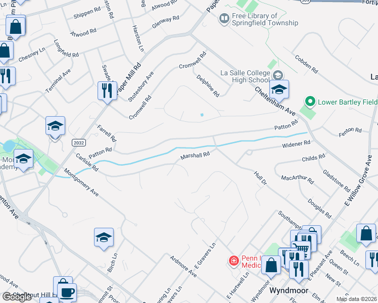 map of restaurants, bars, coffee shops, grocery stores, and more near 8711 Marshall Rd in Glenside