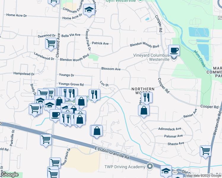 map of restaurants, bars, coffee shops, grocery stores, and more near 2773 Windridge Drive in Columbus