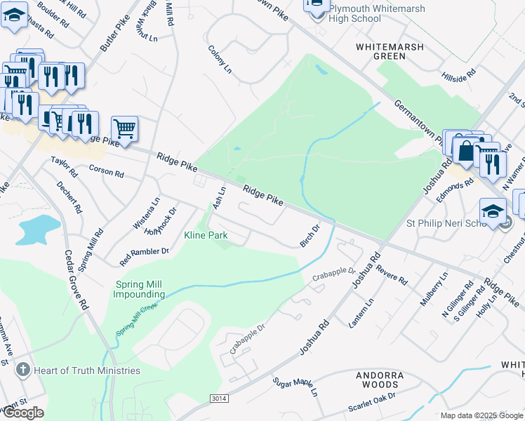 map of restaurants, bars, coffee shops, grocery stores, and more near 250 Ridge Pike in Montgomery County
