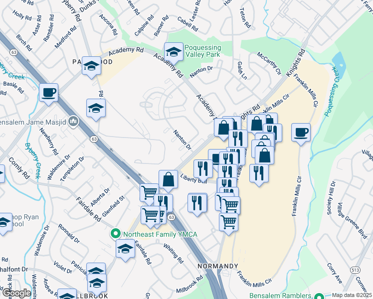 map of restaurants, bars, coffee shops, grocery stores, and more near 3626 Biscayne Place in Philadelphia