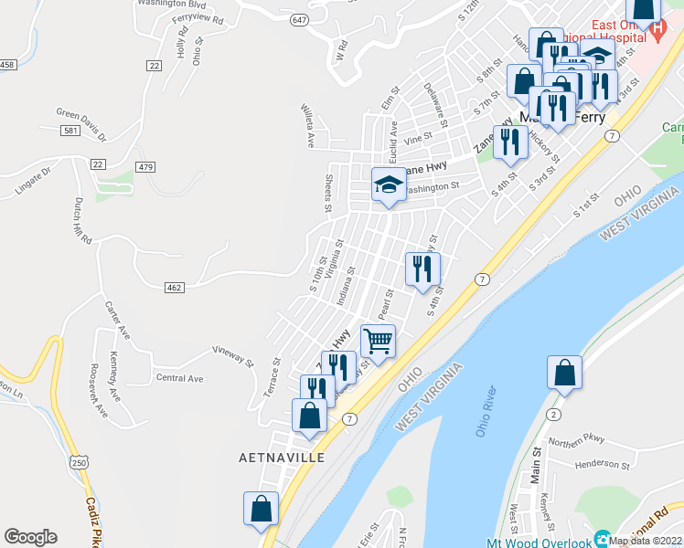 map of restaurants, bars, coffee shops, grocery stores, and more near 703 Adams Street in Martins Ferry